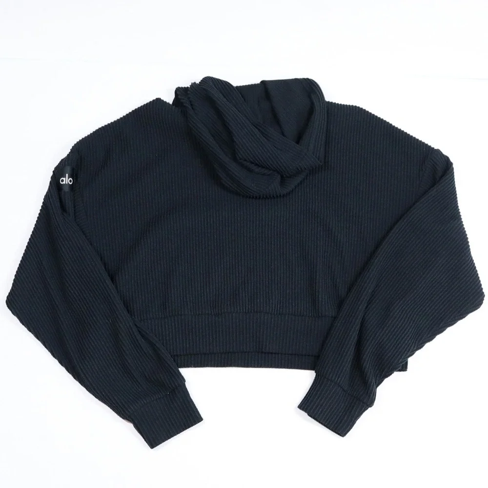 Alo Yoga Muse Hoodie Women Size Medium Black Ribbed Cropped Pullover Sweatshirt